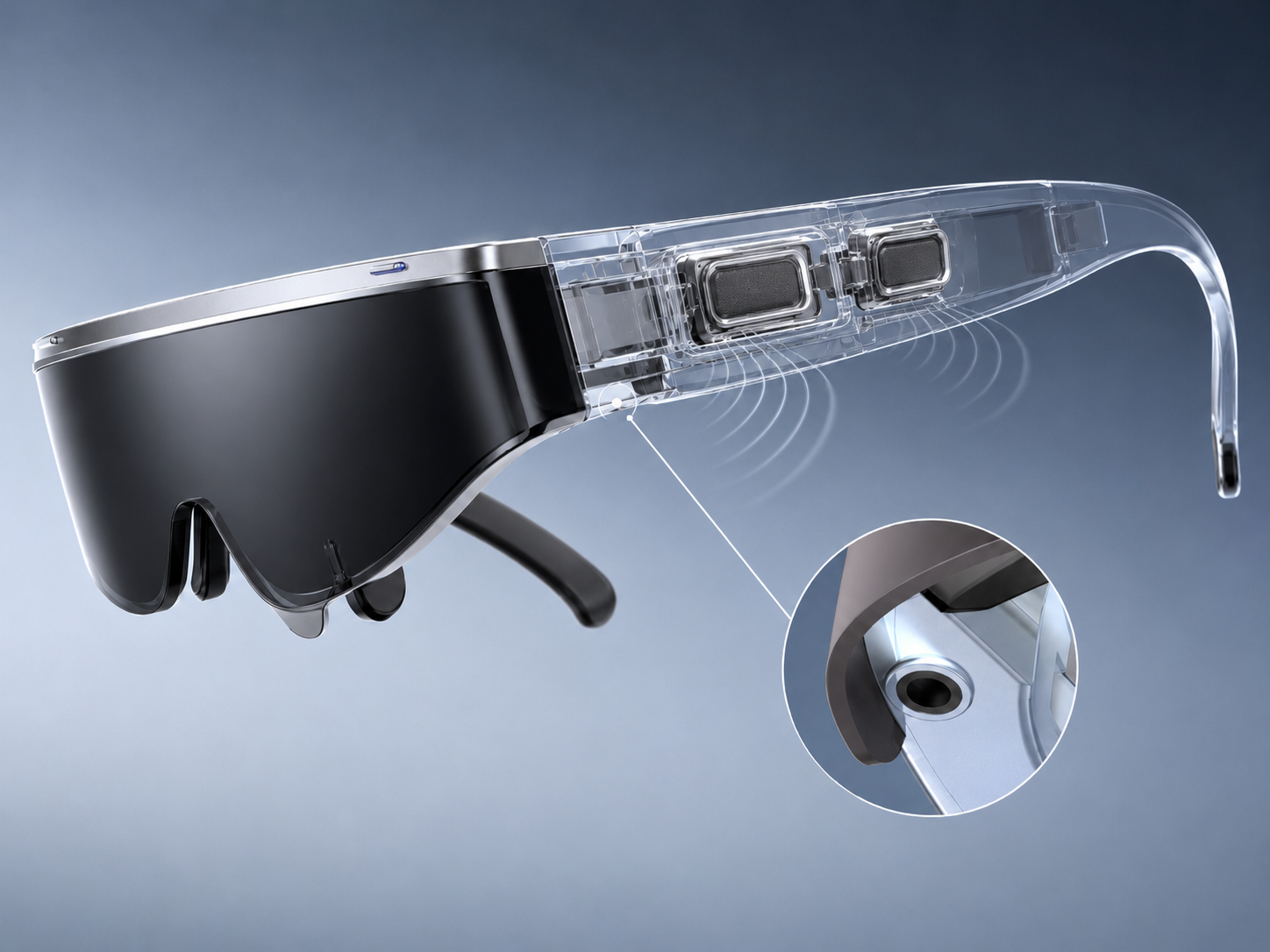 Directional sound transmission and headphone jack for AR glasses