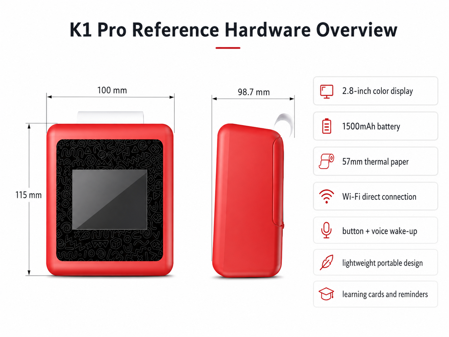 K1 Pro reference hardware dimensions and key specifications