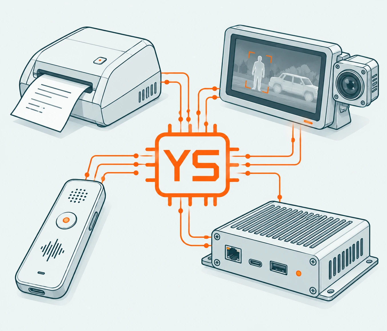YS chip connecting concept printing, voice recording, thermal vision and edge computing hardware