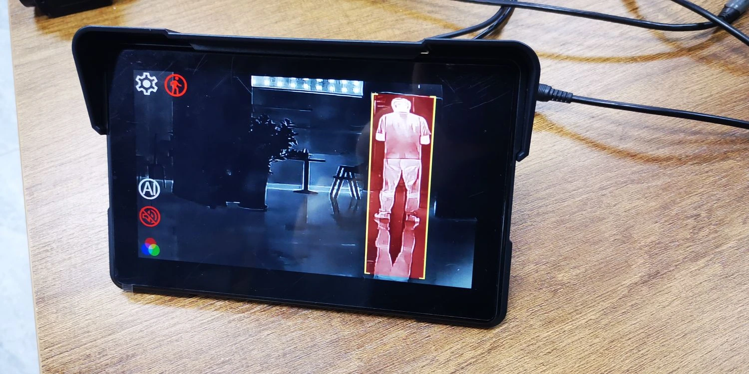 Thermal display showing a person during an indoor pedestrian recognition demonstration
