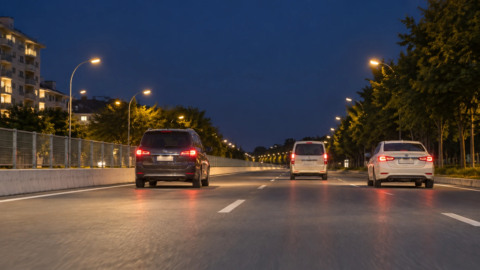 Approximate natural-color reconstruction of three vehicles driving away on an urban road