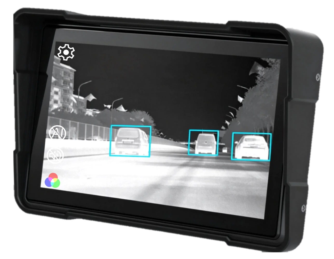 Thermal night vision display showing three vehicles on the road ahead