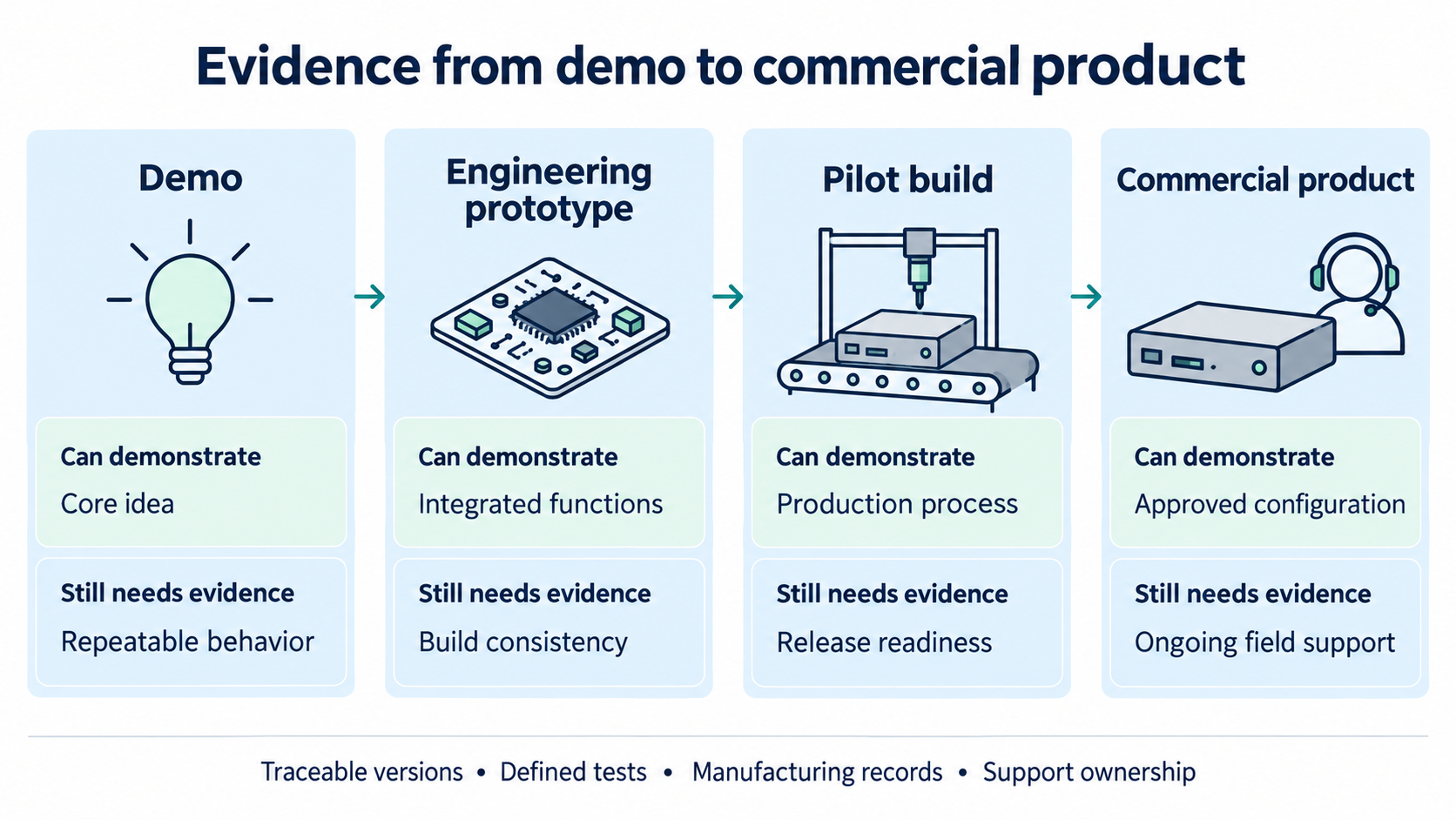 Evidence gained and checks remaining across an AI device demo, engineering prototype, pilot build, and commercial product.